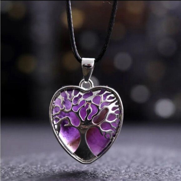 Jewelry - 02 🖤 Amethyst Natural Stone Crystal Heart Tree of Life Pendant Necklace